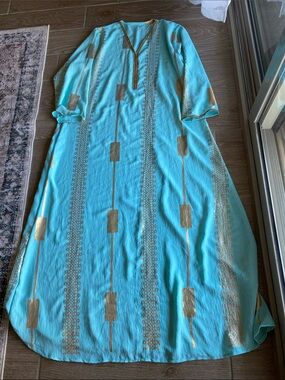 Aqua Gold-Print Long Women's Dress Kaftan